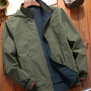 Men's Reversible Casual Jacket - Polyester, Stand Collar, Solid Color with Pockets for Spring/Fall